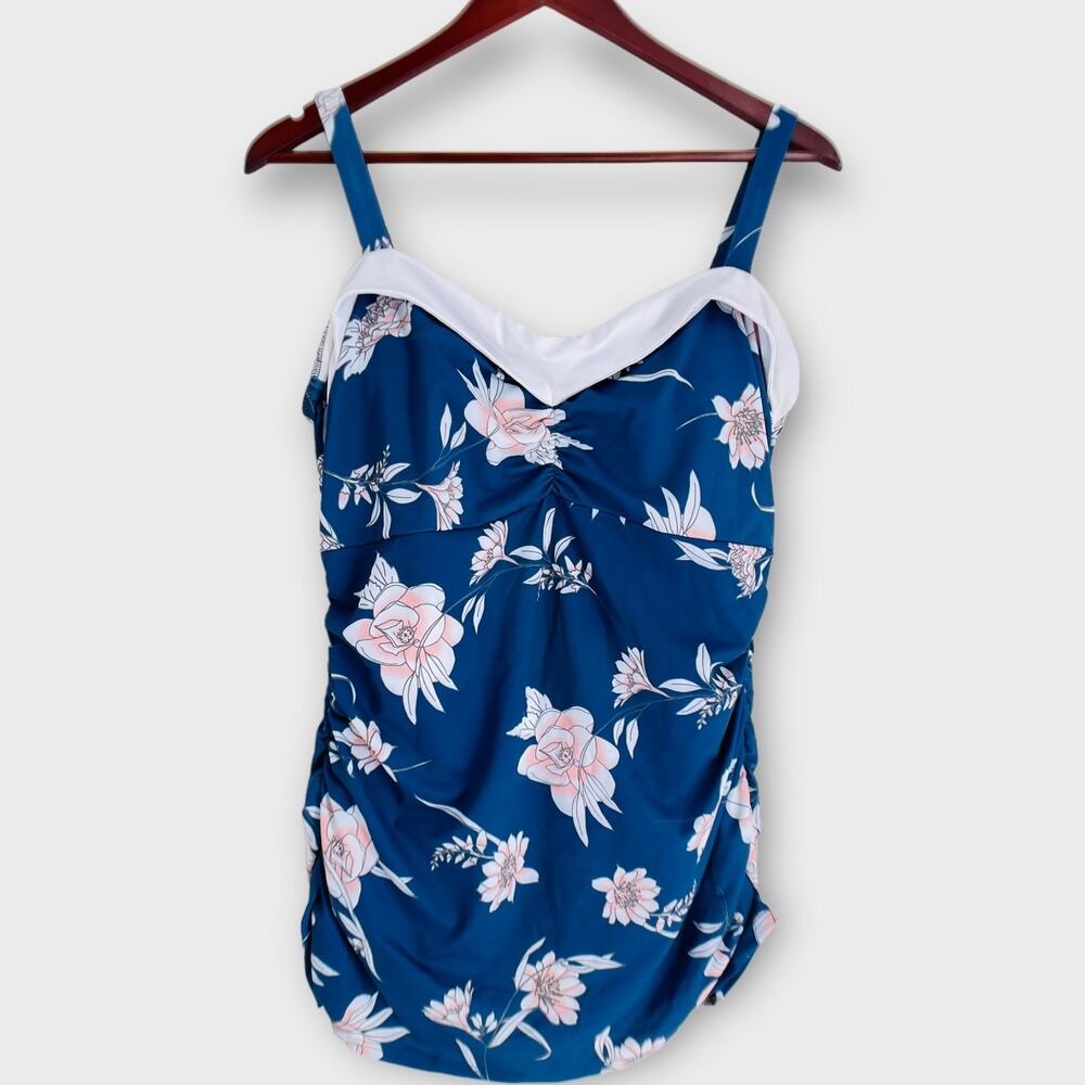 Jessica Rey Swimwear Blue Floral Regina in Pink Petal One Piece Swim Dress XL